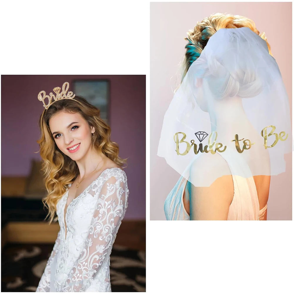 Hen Party Supplies Set Bride To Be Sash Bridal Veil Headband Tiara Tattoos Bridal Shower Wedding Decoration Bachelorette Favors Good Vibrations