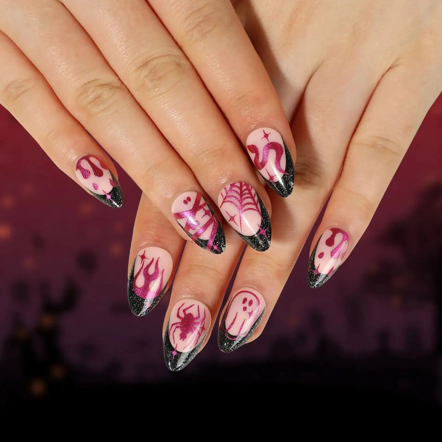24Pcs Purple Bat French with Design Fake Nails Mid-length Almond Press on False Nails Halloween Detachable Full Cover Nails Tips Good Vibrations
