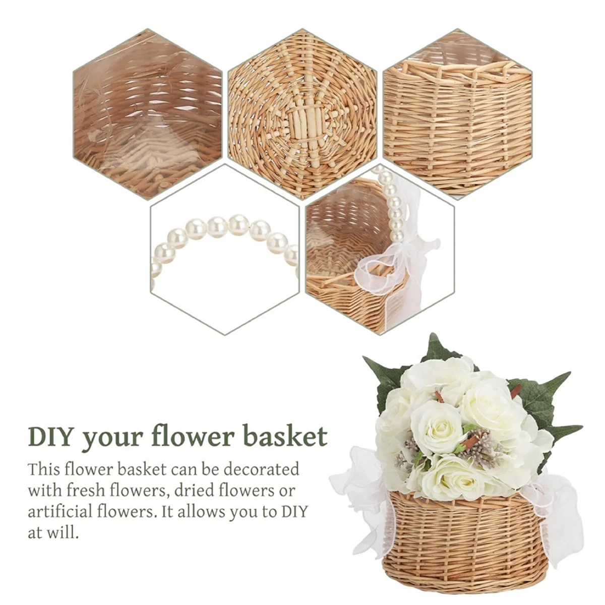 Wicker Flower Girl Basket for Weddings, Rattan Flower Basket Handmade Flower Girl Basket with Handle and RibbonT99C Good Vibrations