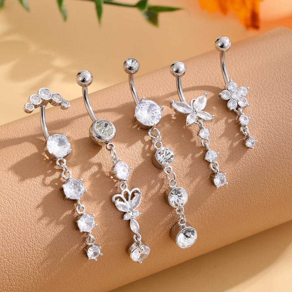 3-5pcs/Lot Belly Button Ring Sets Heart Butterfly Flower Dangled Belly Piercing Nombril 14G Curved Navel Rings Jewelry for Women Good Vibrations Adult Super Store