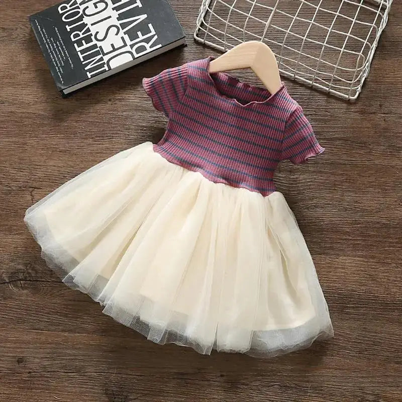 Girls' Summer Dress 1-6Y Children's Striped Short Sleeved Patchwork Mesh Dress Korean Girls Clothing Kid's Outfit Good Vibrations