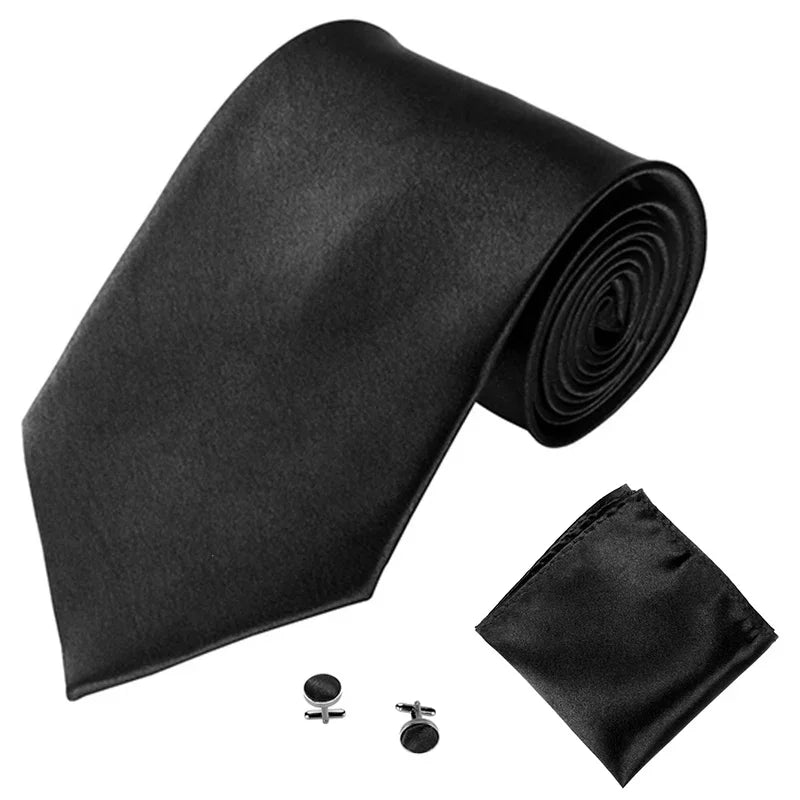 Fashion Men Women Tie Set 10CM 4'' Wedding Accessories Black White Red Blue Gray Yellow Pink Purple Cufflinks Hanky Necktie Sets Good Vibrations