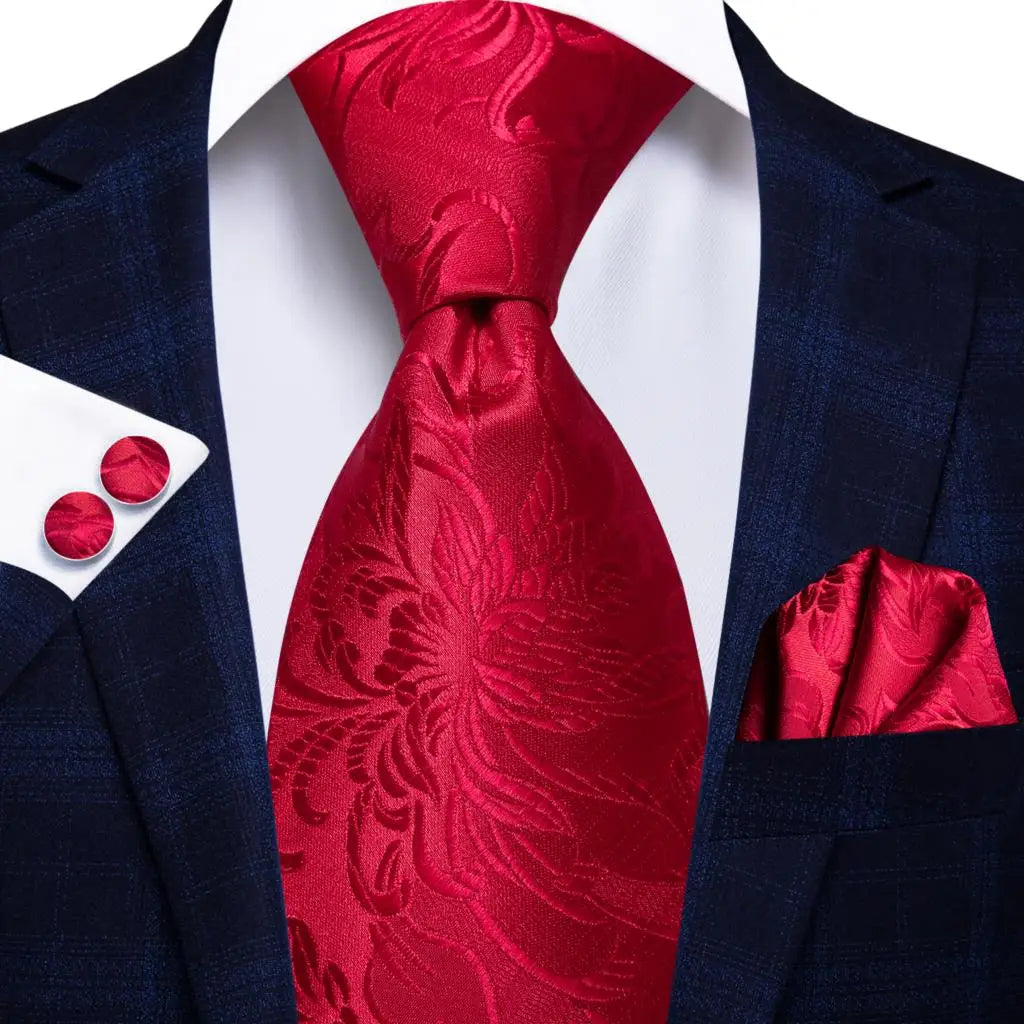 Hi-Tie Designer Red Burgundy Plaid Silk Wedding Tie For Men Handky Cufflink Gift Mens Necktie Fashion Business Party Dropshiping Good Vibrations