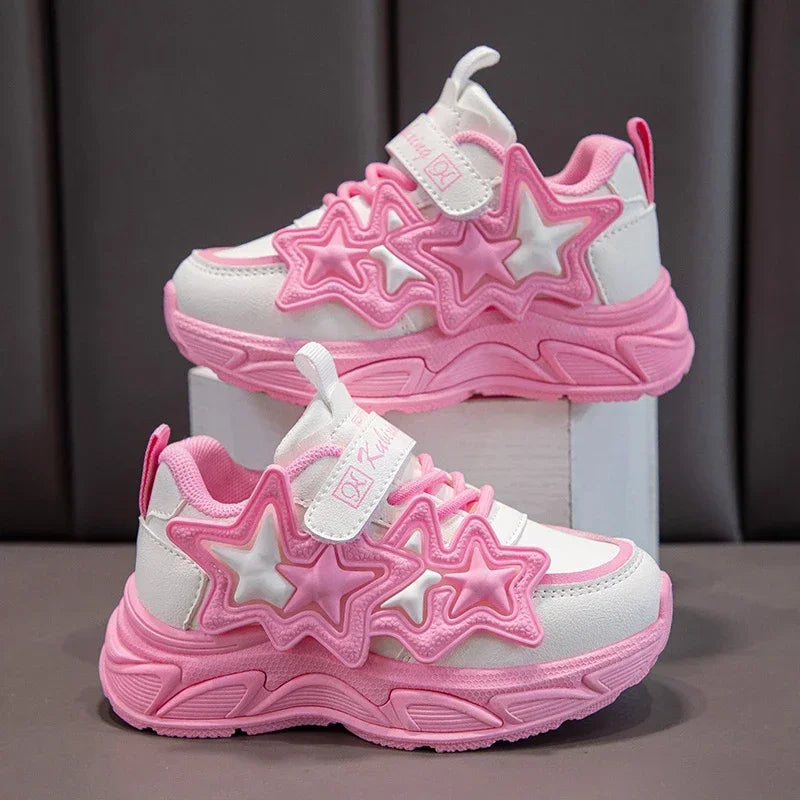 Children Casual Shoes for Girls Fashion Classic with Stars Girls Sports Running Sneakers Breathable PU + Rubber Anti-skid Soft Good Vibrations