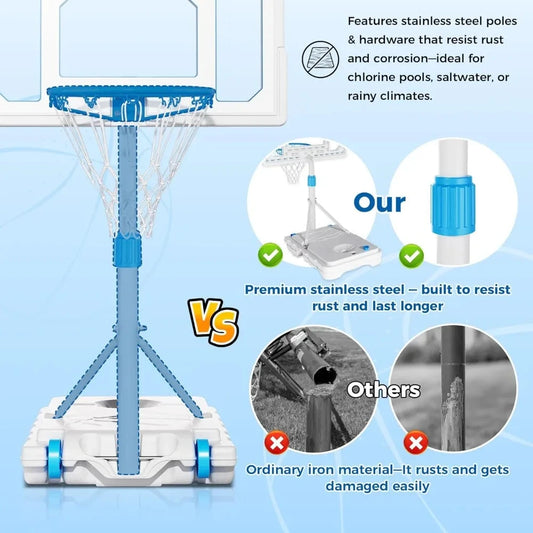 Pool Basketball Hoop Poolside, Stainless Steel Rust-Proof 32" Basketball Hoop Outdoor, Height Adjustable Swimming Good Vibrations
