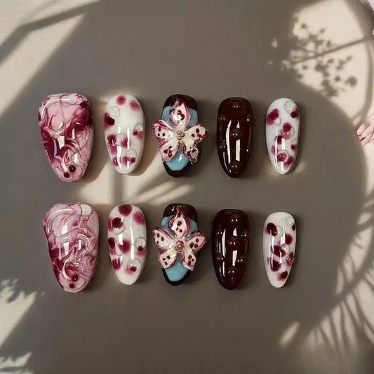 10Pcs Halloween Nails Fake Nails Mid-Length Almond Shape Press on Nails Spotting Design Manicure Arts Good Vibrations