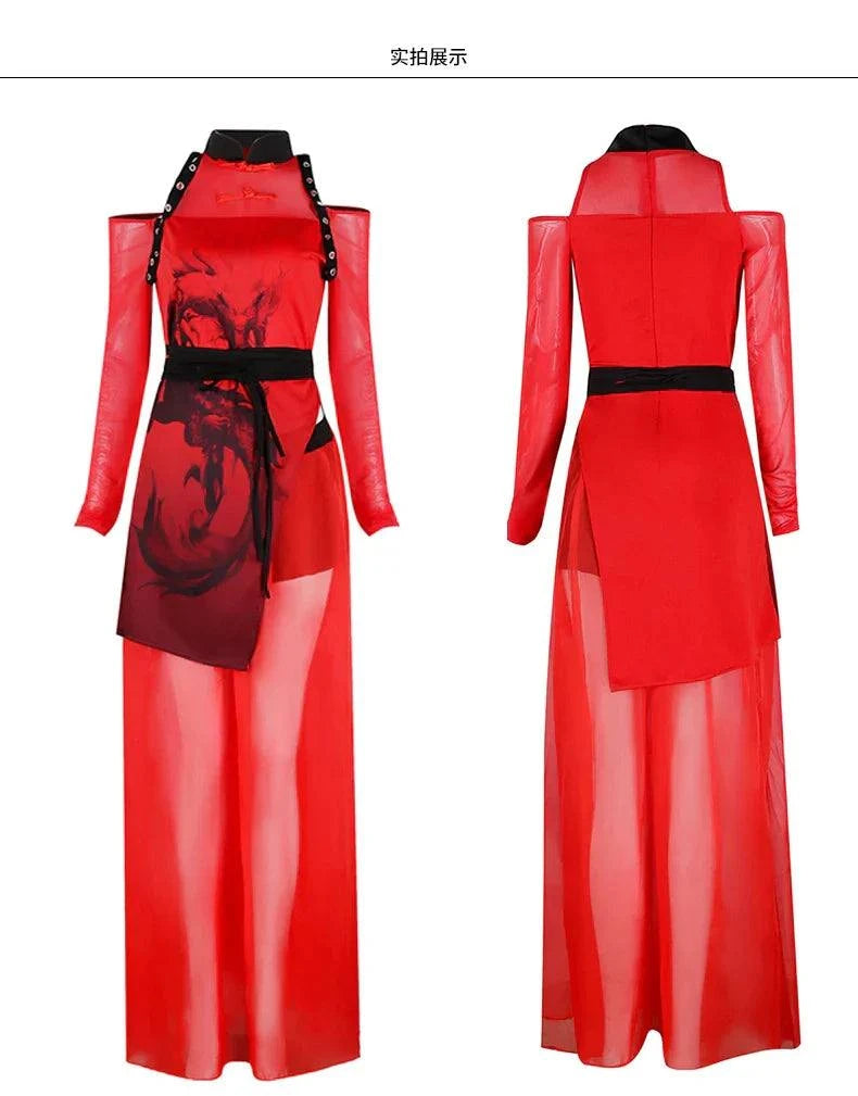 Jazz costume in Chinese style, red fashion outfit for women's business show series.