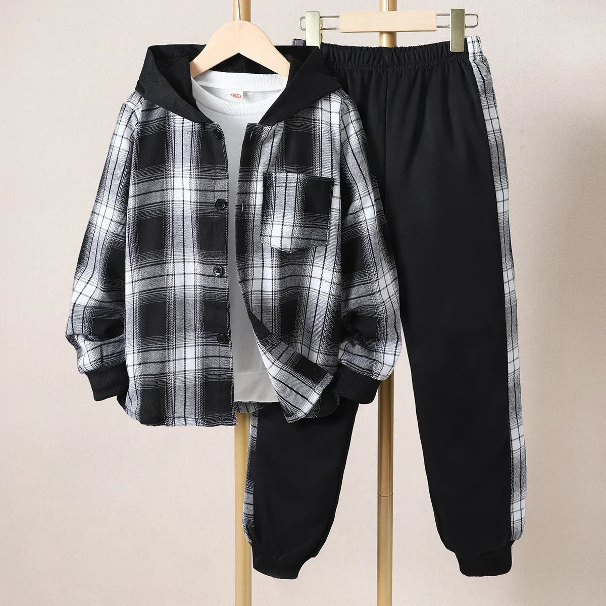 Kids Boys' Autumn Casual Checker Hoodie Set Shirt Suit Soft Ventilate Fashion Boys Suit Plaid Children's Clothing Set Good Vibrations
