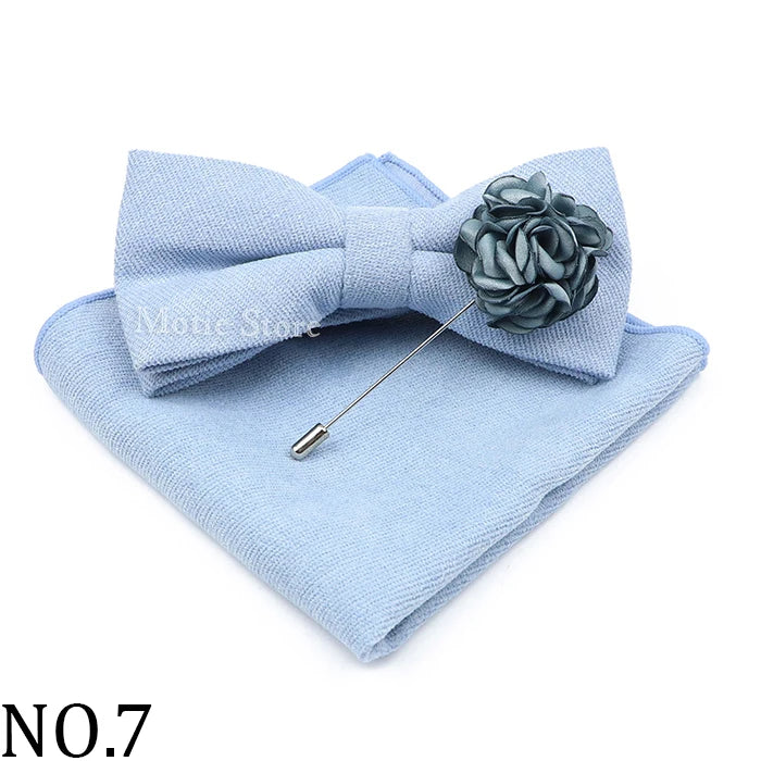 Mens Solid Color Cotton Bowtie Pocket Square Brooch Sets Pink Blue Super Soft Suede Bow Tie Handkerchief For Wedding Party Gift Good Vibrations