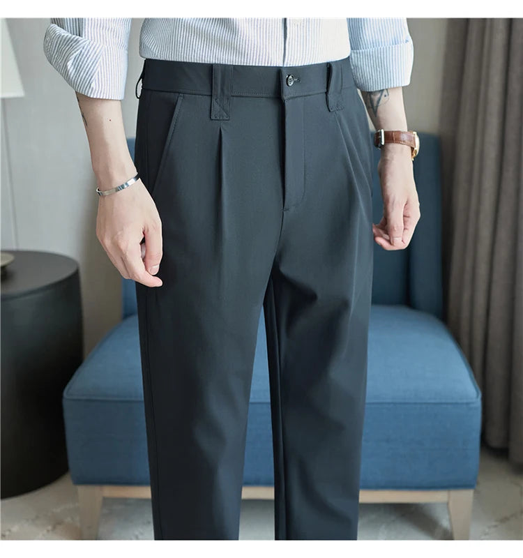 Men Straight Leg Suit Pants Summer Ice Silk Lightweight Elastic Waist Casual Loose Wide-leg Trousers Dress Pants Men Clothing