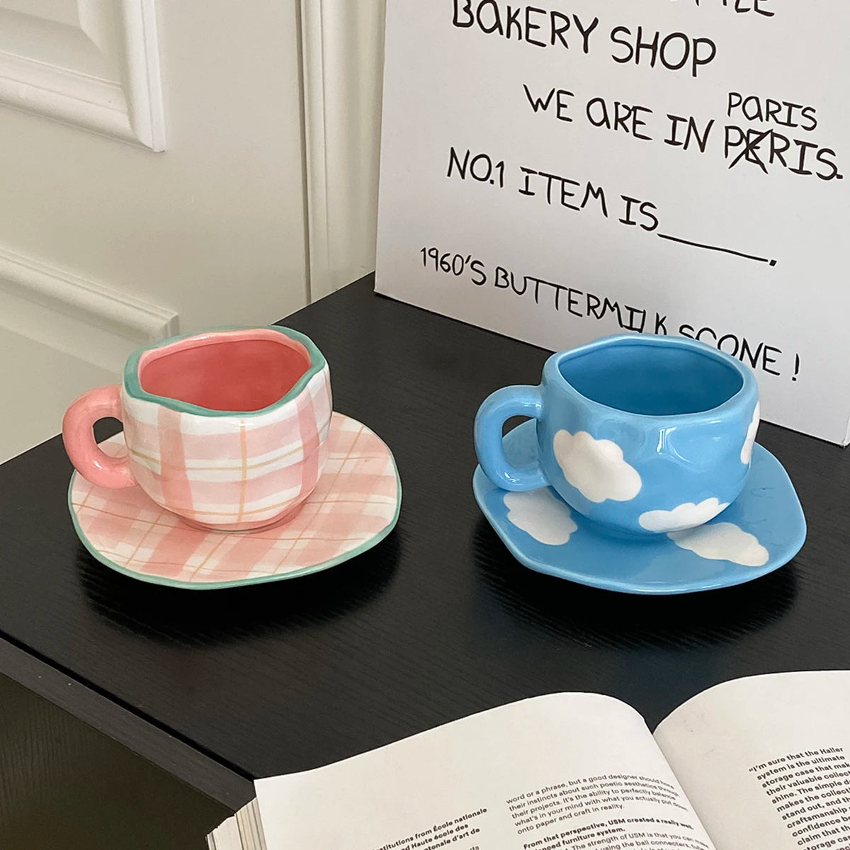 1Pc280Ml Original Design Scandinavian Style Hand-Kneaded Ceramic Coffee Cup and Saucer Multi-Color Plaid Heart Blue Sky and White Clouds Flower Mug Suitable for Afternoon Tea Milk Cup and Saucer Latte Cup Dessert Plate Cup an Good Vibrations