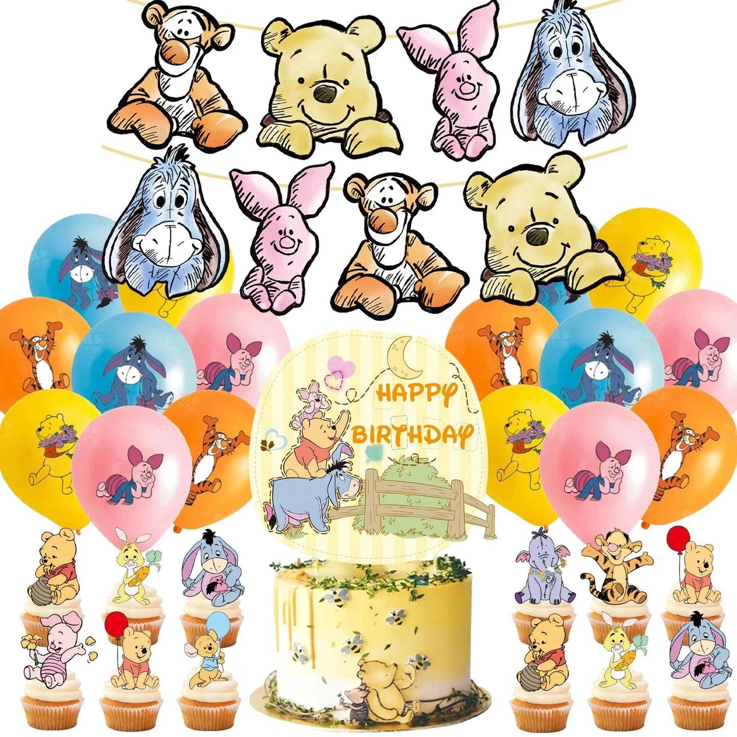 Winnie the Pooh themed party decoration, Winnie the Pooh banner,Winnie the Pooh cake topper、cupcake topper,12 inch latex balloon Good Vibrations