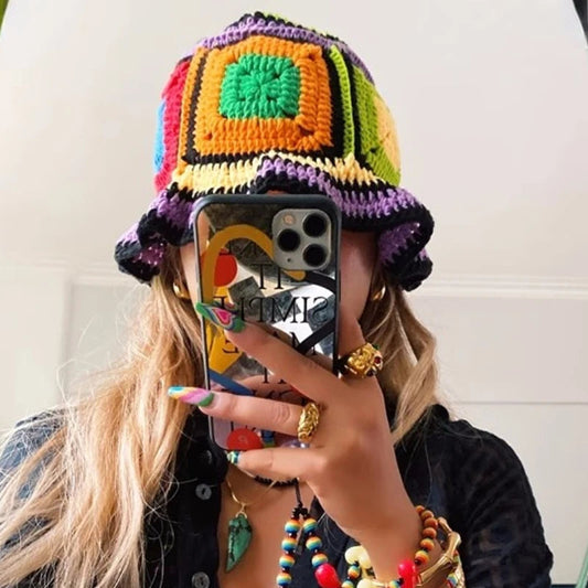 2024 Spring New Crochet Hat Korean Handmade Bucket Hat Women's Weaving Knitted Hat Y2k Fashion Flowers Autumn Winter Ins Beanies Good Vibrations