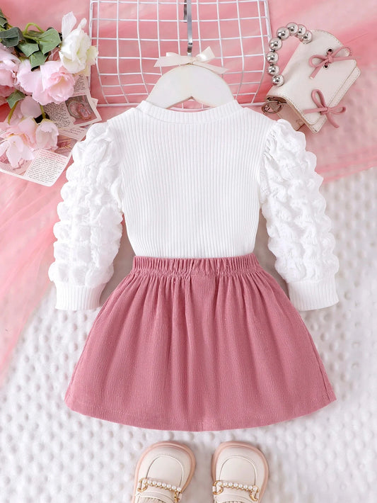 2PCS Winter New Style For 0-3 Year Old Girls, Comfortable Sweet And Cute Bubble Sleeves, Love Chapter Top + Pink Short Skirt Set Good Vibrations
