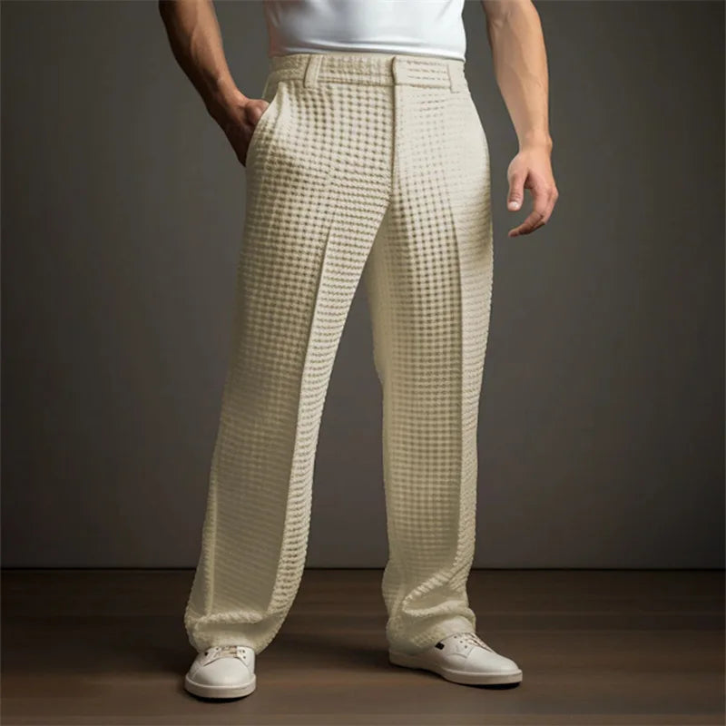 New 2025 Men's Elegant Waffle Suit Pants Solid Loose Straight Trousers Business Social Dress Pants Casual Vacation Pants for Men Good Vibrations