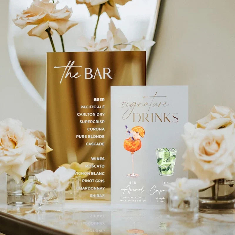 Wedding Cocktails Menu, Gold Mirror Signature Drinks Sign, Wedding Bar Sign, Custom Bar Sign, Wedding Signage Table Decor with Base Good Vibrations