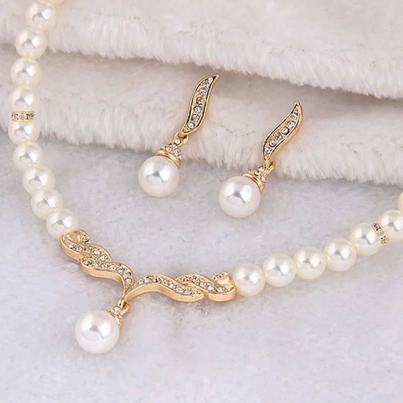 Creative Gold Color Necklace + 1 Pair Earrings Wedding Bridal Pearl Jewelry Set For Women Lady Female Good Vibrations Adult Super Store