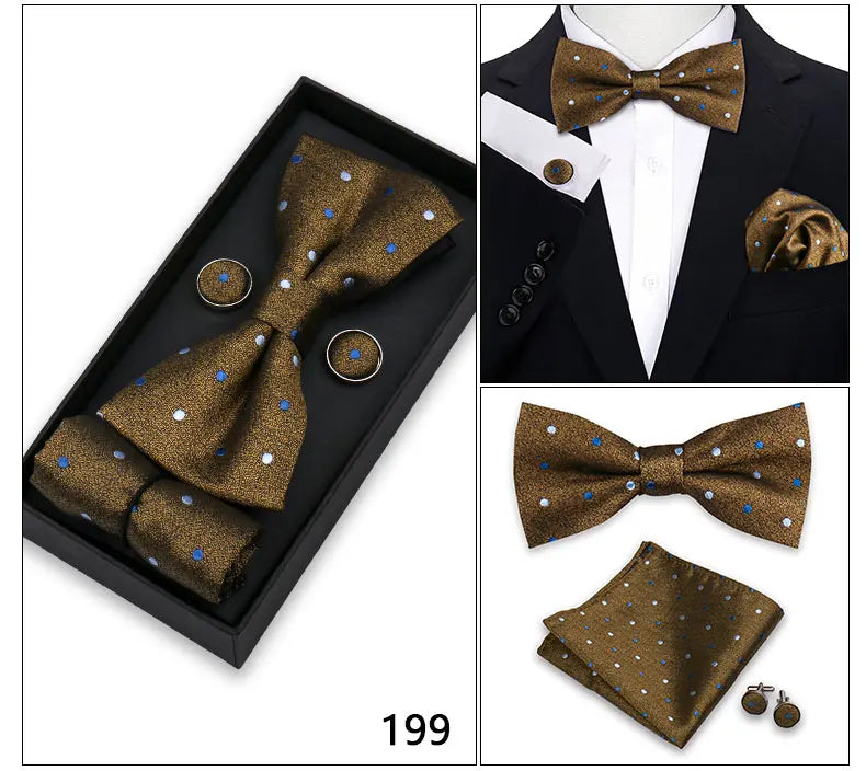 Bowtie For Men Set Gift Box Business Gift Fashion Bow Tie Pocket Square Cufflinks Set Bowtie 3pcs For Wedding Hanky Cravata Neck Good Vibrations