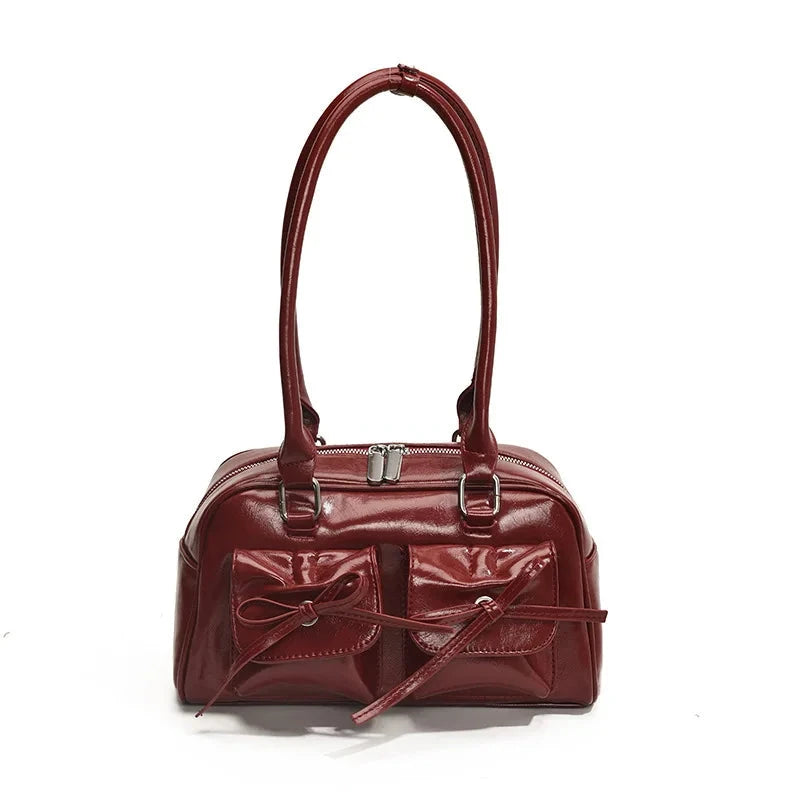 Bow Pocket Design Women's Shoulder Bag Vintage Pu Leather Ladies Small Underarm Bags Fashion Female Luxury Handbags Tote Purse Good Vibrations