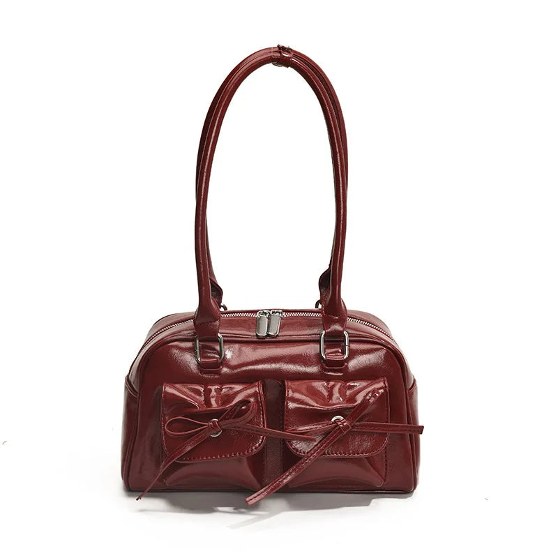 Bow Pocket Design Women's Shoulder Bag Vintage Pu Leather Ladies Small Underarm Bags Fashion Female Luxury Handbags Tote Purse Good Vibrations