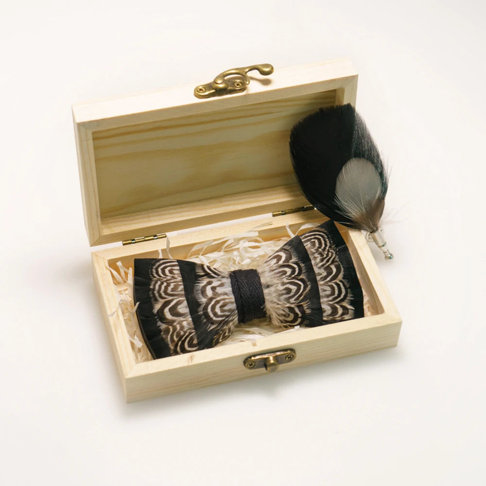 Wedding Bow Tie for Men handmade feather bow tie black white Pre-tied bowtie brooch wooden box Set for Party birthday Gift Good Vibrations