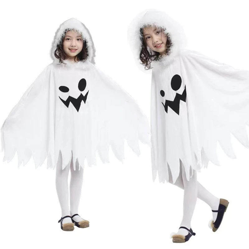 Halloween Kids Cosplay Costume White Elf Cloak Ghost Hooded Cloak Christmas Cloak Boy Girl Cape Clothes Good Vibrations