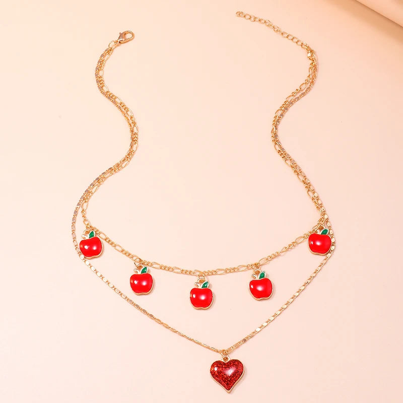 Aihua Boho Gold Color Red Heart Cherry Necklace Romantic Sweet Simple Clavicle Necklaces for Women Collar Fashion Jewelry Gifts Good Vibrations