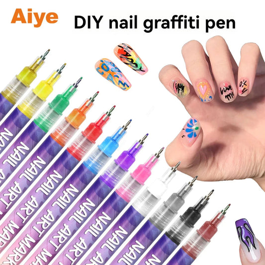 12 Color Nail Art Graffiti Pen Set Nail Marker Drawing Acrylic Paint Pens Waterproof Nail Painting Manicure Extra Fine 0.5mm Good Vibrations