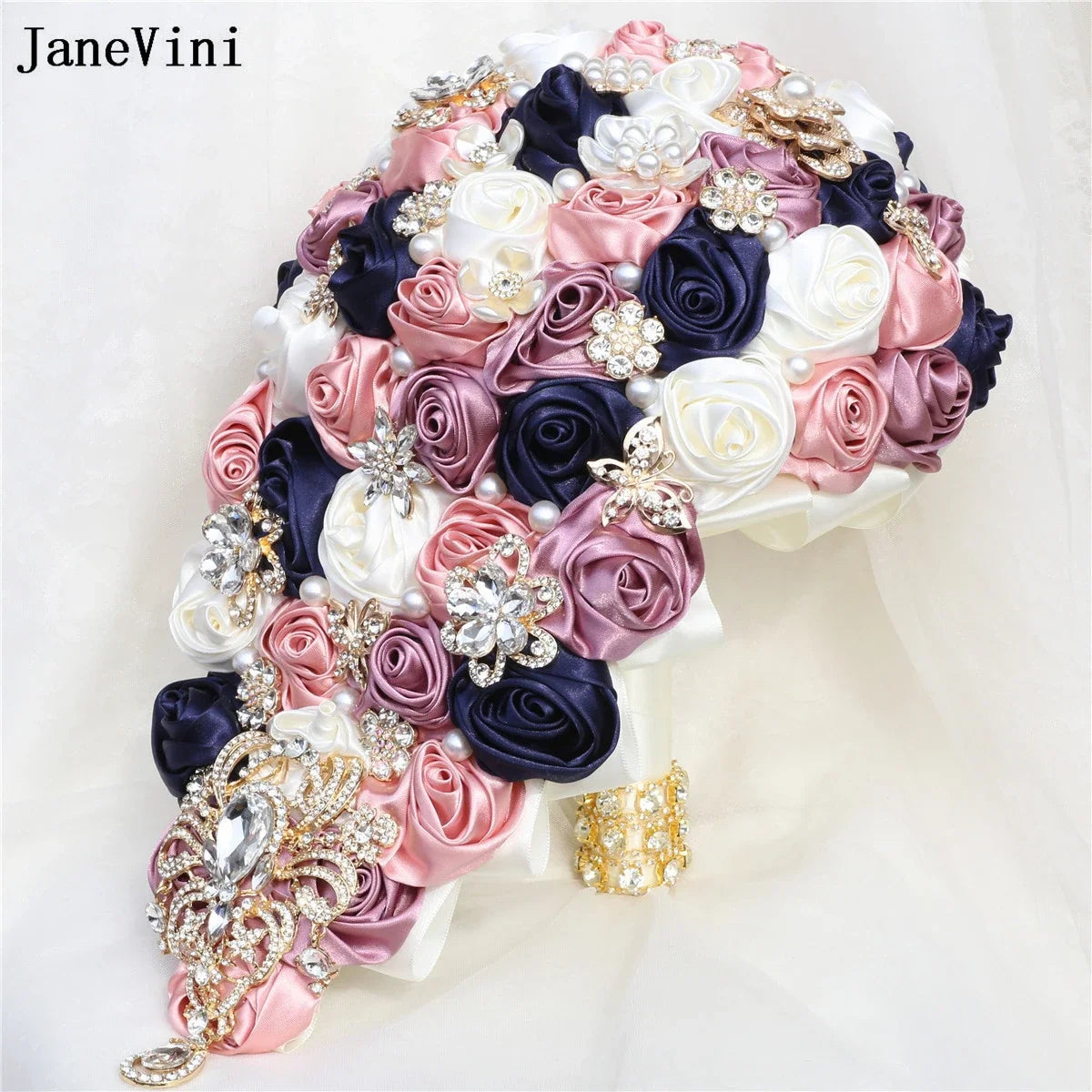 JaneVini Luxury Golden Rhinestones Pink Ivory Cascading Flowers Waterfall Bridal Bouquets Artificial Satin Roses Wedding Bouquet Good Vibrations