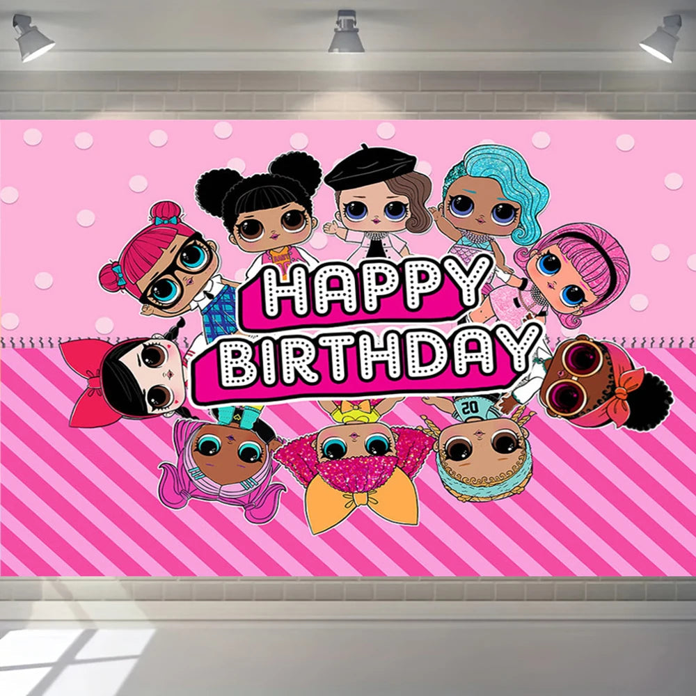 Girl Surprise Theme Backdrop Cute Shiny Doll Birthday Party Decoration Pink Latex Balloon Disposable Tableware Plate Cake Topper Good Vibrations
