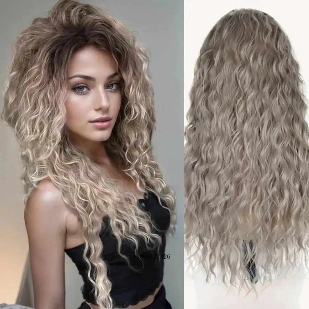 GNIMEGIL Synthetic Long Wave Cur Wigs Female Natural Brown Wig with Clip Free Part Side Bangs 80s Curly Wigs for Women Ombre Wig Good Vibrations