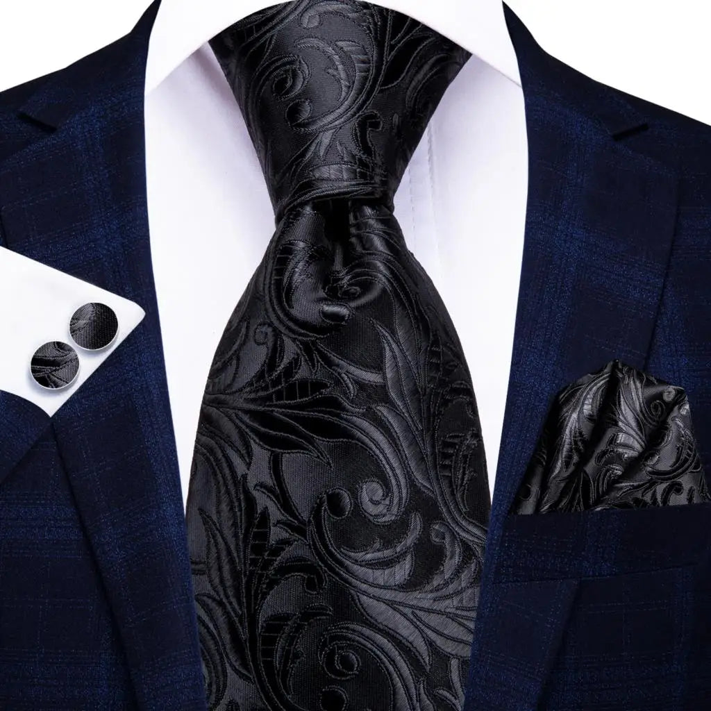 Hi-Tie Navy Blue Solid Paisley Silk Wedding Tie For Men Hanky Cufflink Mens Necktie Set Business Party New Design Dropshipping Good Vibrations