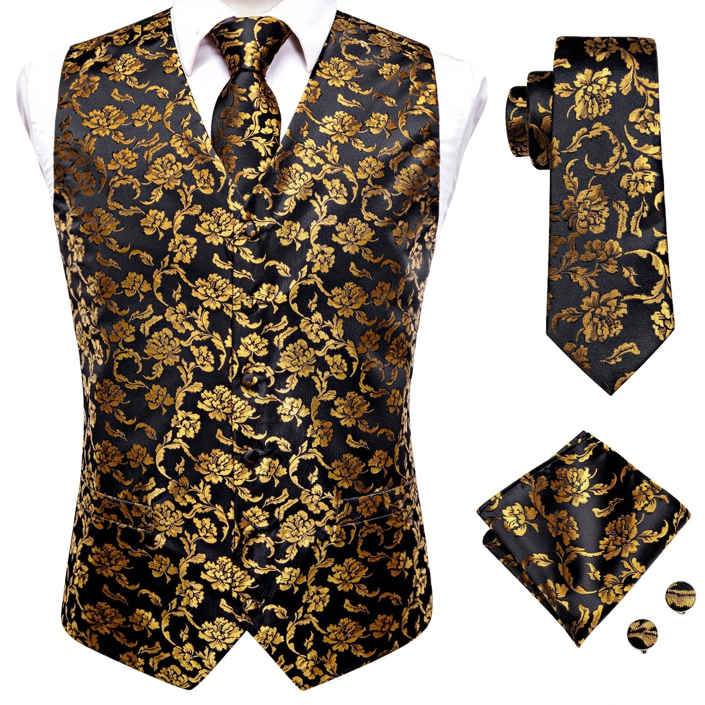 Hi-Tie Black Men Silk Vest Paisley Jacquard Necktie Hankerchief Cufflinks Sets Male Sleeveless V-Neck Waistcoat Business Formal Good Vibrations
