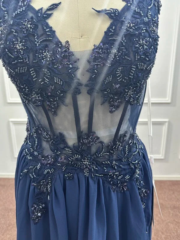 Spaghetti Straps Navy Blue A Line Evening Dresses 2025 Elegant Beaded Appliques Illusion Prom Gowns Formal Party Vestido De Gala Good Vibrations