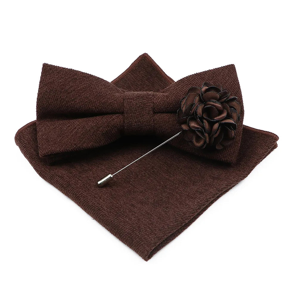 Mens Solid Color Cotton Bowtie Pocket Square Brooch Sets Pink Blue Super Soft Suede Bow Tie Handkerchief For Wedding Party Gift Good Vibrations