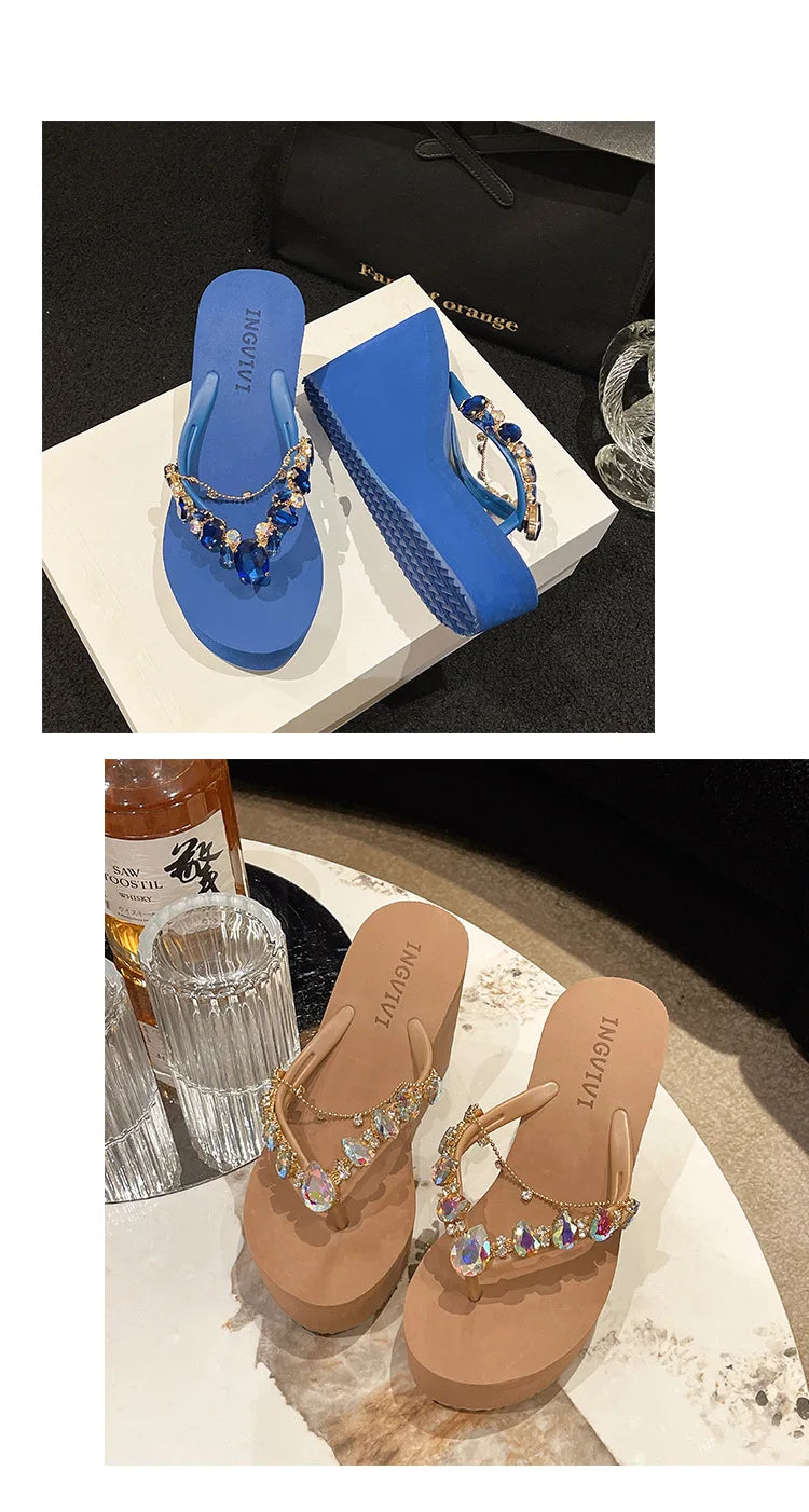 Flip Flops Women New High Heeled Slippers Women Diamond Slope Heel Slippers Elegant Fashion Beach Sandals Womens Sexy Shoes Good Vibrations
