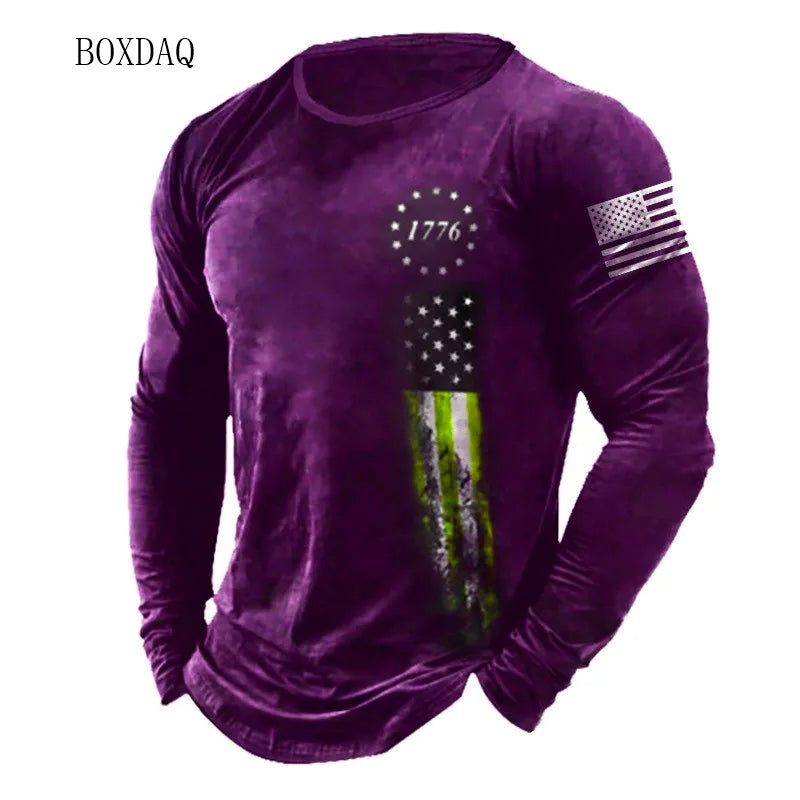 American Flag Pattern Men T-shirts Spring Autumn Long Sleeve 3d Print Street Fashion Tee 6XL Plus Size Male Clothing Casual Tops Good Vibrations