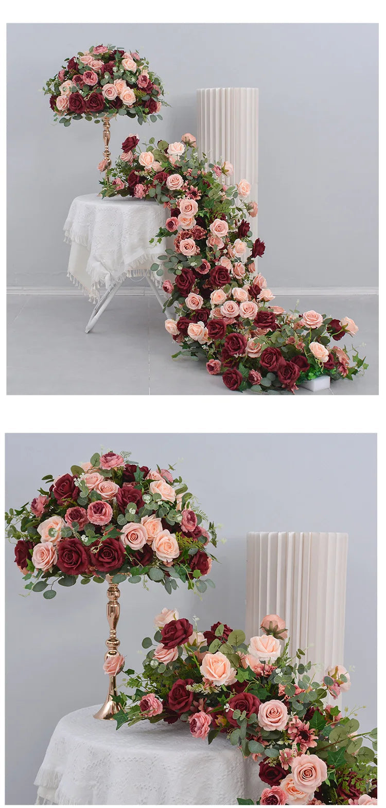 Uflower Red Rose Green Leaf Artificial Flowers Row Arrangement Wedding Table Center Flower ball Event Party Backdrop Decor Props Good Vibrations