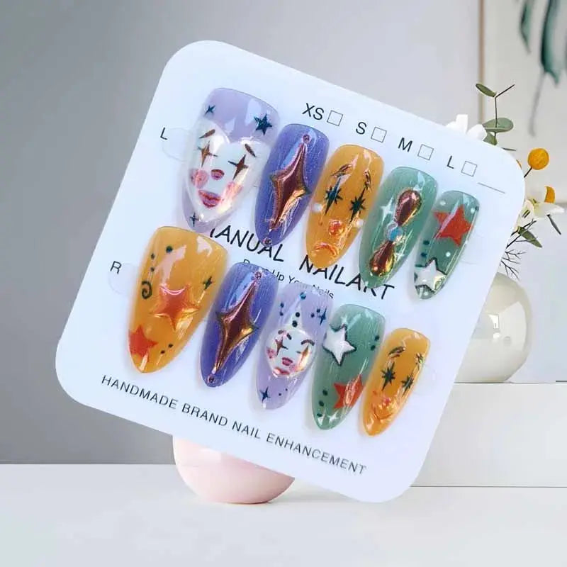 10Pcs Halloween Short Almond Shape Atmosphere Clown Black and White Ghost Spider Press on Nails Nail Patch False Nails Nails Art Good Vibrations
