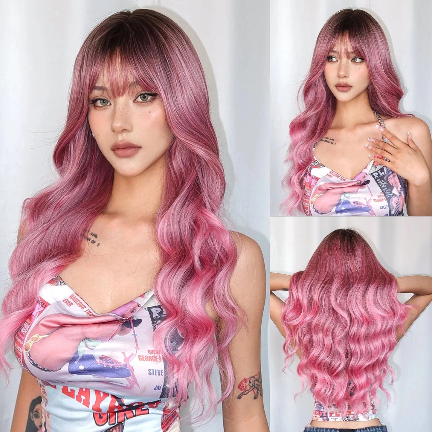 Wine Red Burgundy Synthetic Wigs for Women Long Curly Wave Cosplay Party Red Wigs with Bangs Natural Heat Resistant Daily Wigs Good Vibrations
