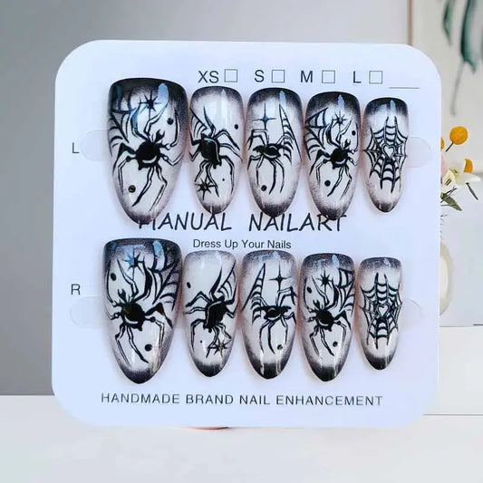 10Pcs Halloween Short Almond Shape Atmosphere Clown Black and White Ghost Spider Press on Nails Nail Patch False Nails Nails Art Good Vibrations