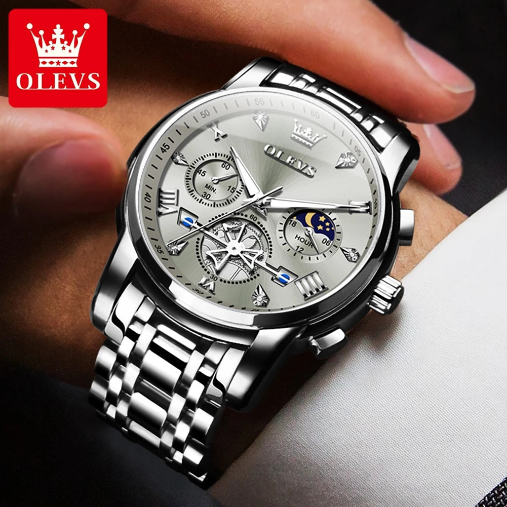 OLEVS Men's Watches Classic Multifunctional Fltwheel Chronograph Original Quartz Wristwatch Moon Phase 24 Hour Waterproof reloj Good Vibrations