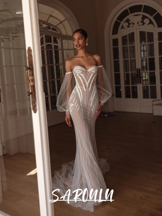Luxury Beaded Mermaid Wedding Dress, Off-the-Shoulder Detachable Sleeves, Sheer Illusion Bodice, Illusion Delicate Bridal Gown Good Vibrations