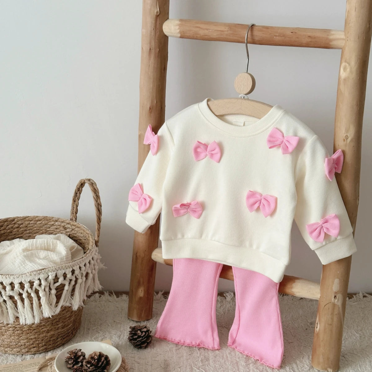 2025 Spring Autumn New Kids Cute Bowknot Long Sleeved Outfit Set Baby Boy Girl Cartoon Casual Tracksuit Pink Flared Pants Suit Good Vibrations