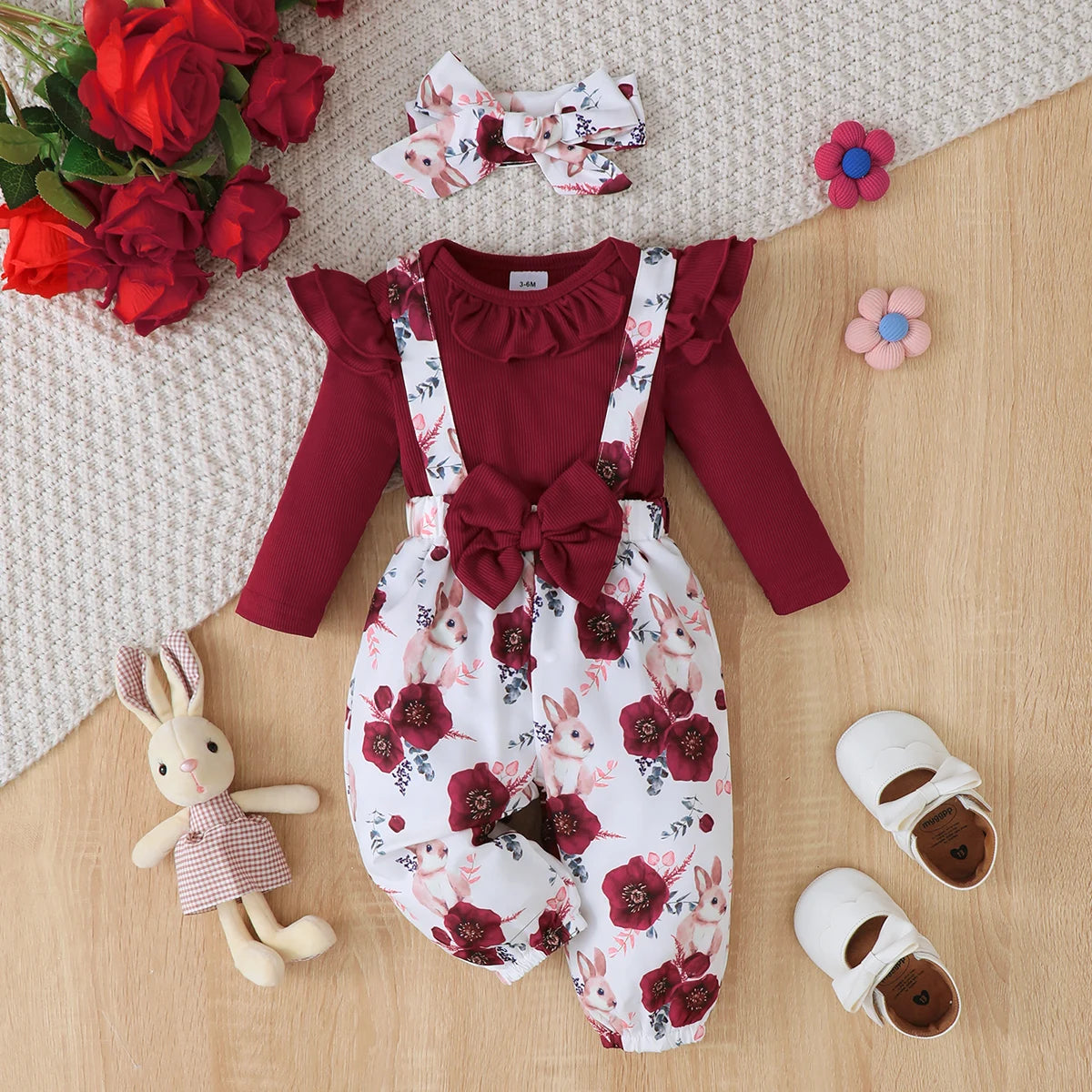 3Pcs Baby Girl Set Flying Sleeve Pit Strip jumpsuit+Printed Strap Pants+Headband Set 0-24 Months Baby Girl Spring Autumn Set Good Vibrations