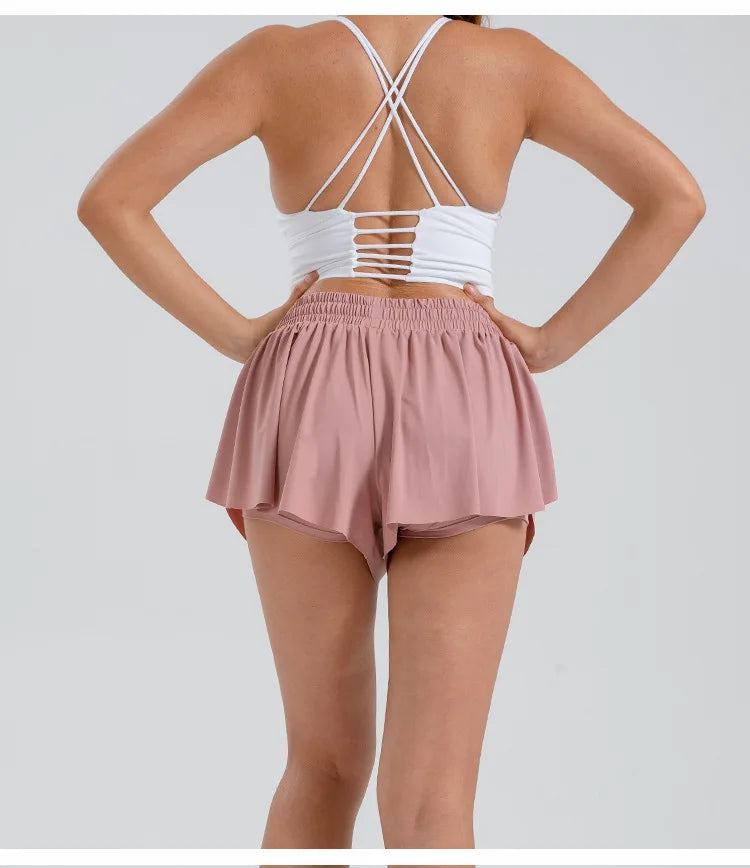 2 in 1 Flowy Sports Shorts Women Running Short Butterfly Tennis Skirt with Pockets Gym Yoga Athletic Biker Spandex Skirts Summer Good Vibrations