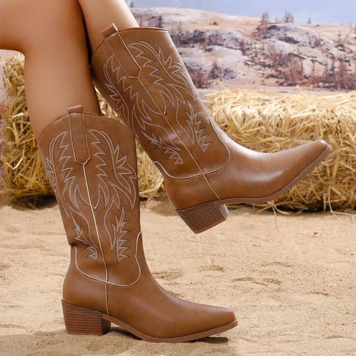 Women's Mid-Calf Boots 2024 New Autumn Winter Shoes Women Fashion Chunky Heeled Boots Vintage Western Cowgirl High Heels Boots Good Vibrations