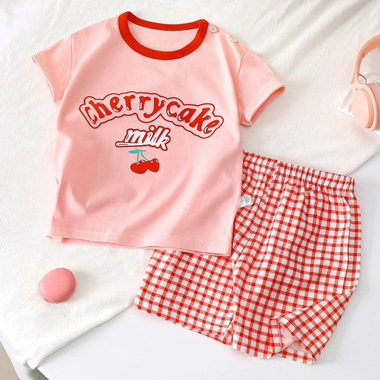 Girls Cute Pink Sets Fashion Tops Summer Clothing Loose Tees+shorts Kids Short Sleeve Shorts Outfits Cartoon Tshirt Casual Good Vibrations