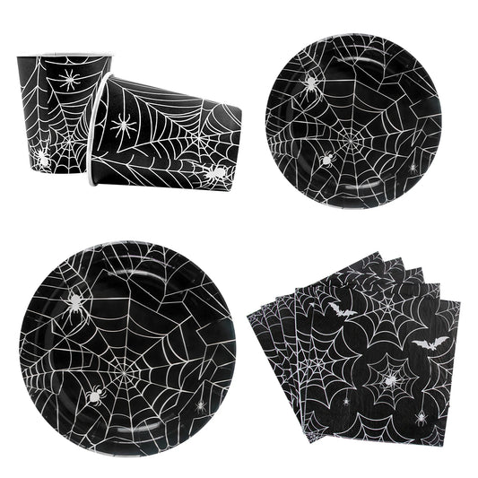 Halloween Party Spider Web Disposable Tableware Black Paper Plates Cups Napkins Halloween Party Home Decorations Supplies Good Vibrations