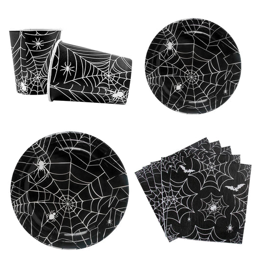 Halloween Party Spider Web Disposable Tableware Black Paper Plates Cups Napkins Halloween Party Home Decorations Supplies Good Vibrations